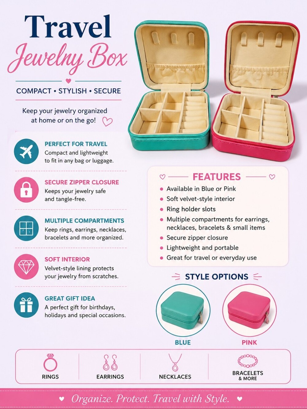Blue or Pink jewelry travel case
